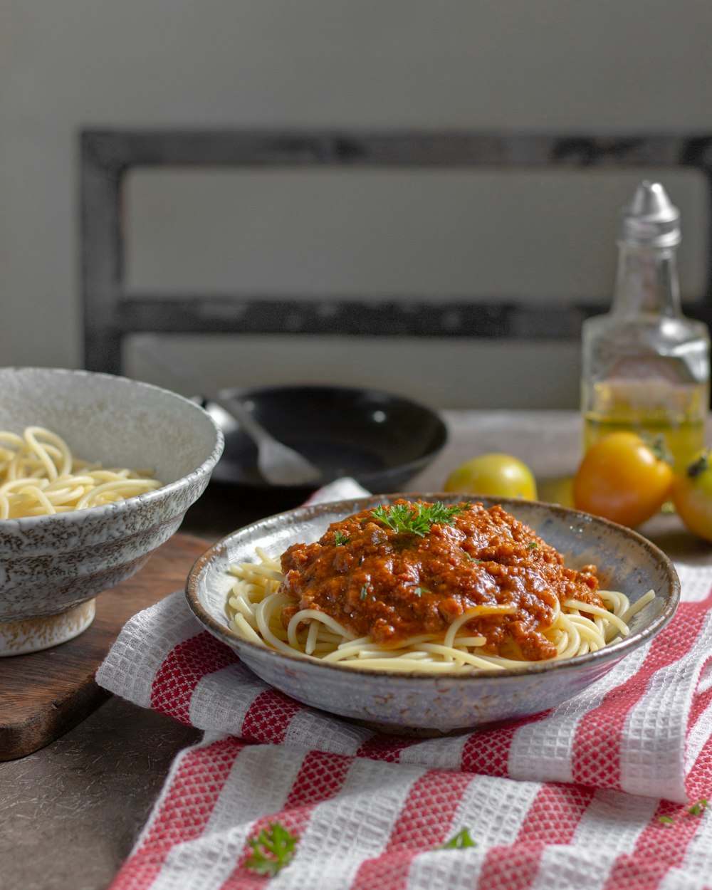 pasta with paste in gray bowl