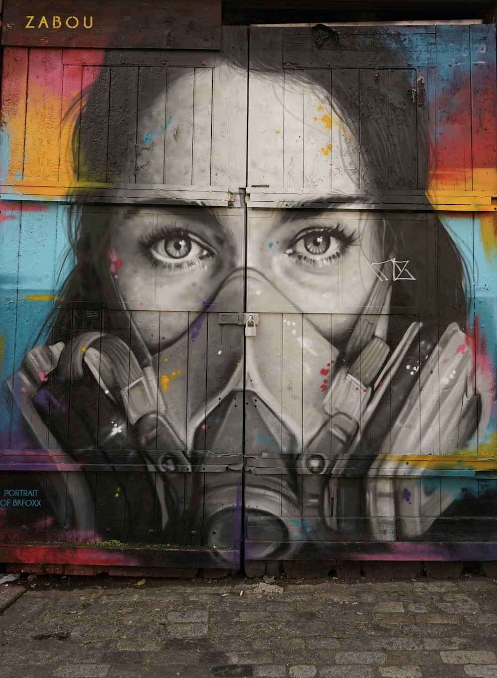 woman wearing oxygen mask graffiti on plank wall