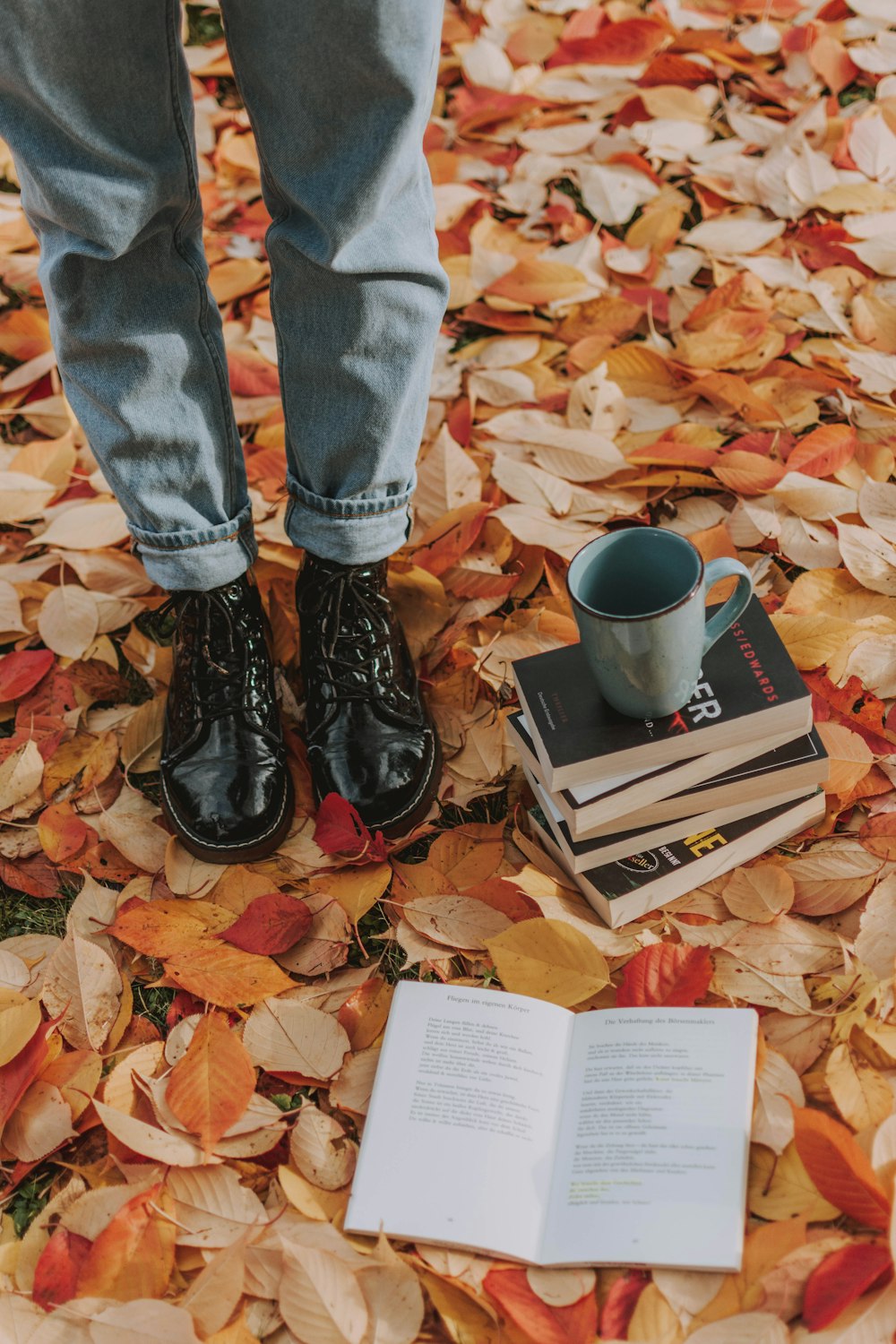 uma pessoa em pé sobre uma pilha de folhas ao lado de um livro