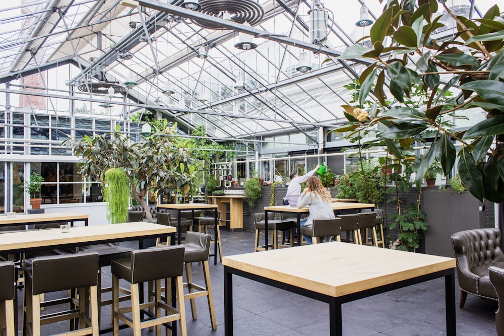 brown and black table inside green house