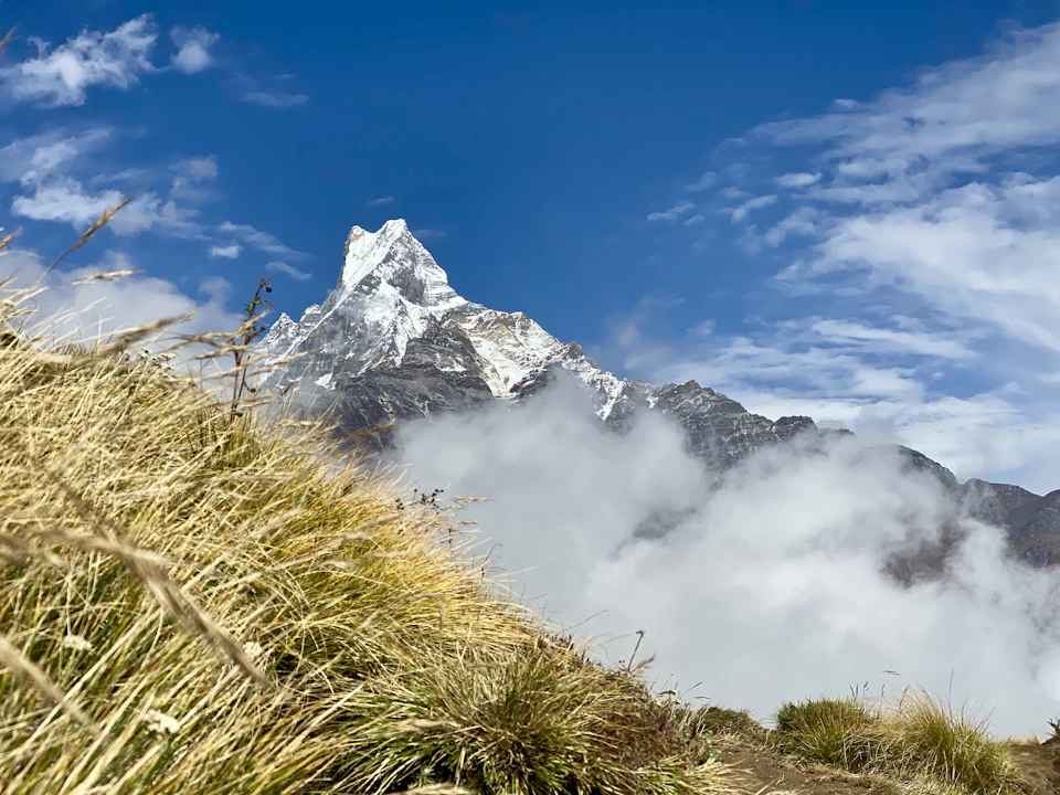 The image depicts a majestic mountain range under a clear blue sky with fluffy white clouds. The tallest peak, known as Mount Everest, is visible on the left side of the frame, standing out against the backdrop of the sky. The mountain's base is nestled in a valley surrounded by lush green vegetation and grasses that sway gently in the breeze.

The perspective of the image is from below, looking up at the towering peak, giving it an almost surreal quality. The colors in the photo are vibrant, with the blue sky contrasting beautifully against the white clouds and the green vegetation adding a touch of nature's vibrancy to the scene.