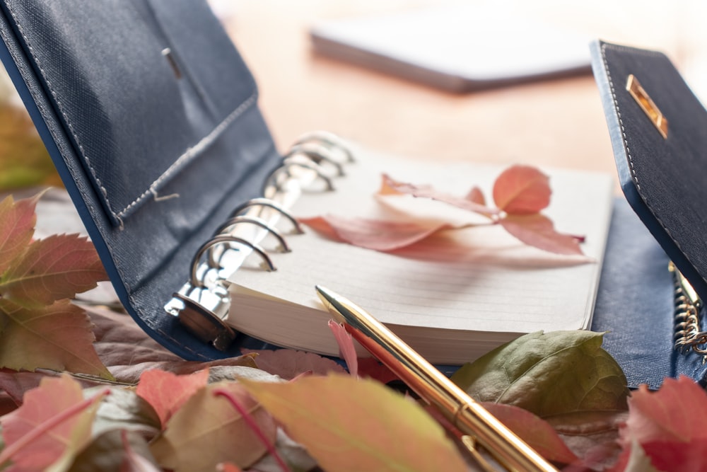 gold pen near black spiral book