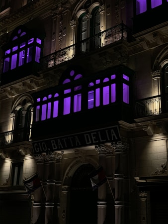 A grand architectural facade with intricate decorative elements is illuminated by soft lighting. The windows glow with a vibrant purple hue, casting an ethereal ambiance. Tall columns frame the entrance, and there are flags on either side. The overall structure is imposing and elegant.