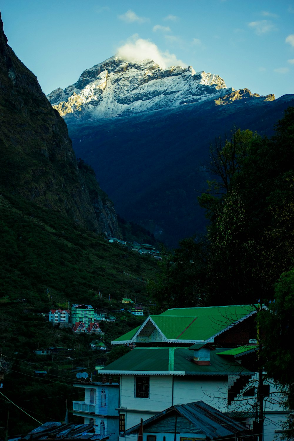 white and green house and mountain in distant