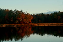 A serene landscape features a calm lake with clear reflections of autumnal trees lining the shore. The foliage displays vibrant shades of red and orange, contrasting with the dark evergreens in the background. Soft light casts a warm glow across the scene, creating a tranquil atmosphere.