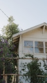 A wooden house with a pitched roof, partially covered by green plants and purple flowers. The building appears weathered with some vines climbing up the side. There is a window reflecting the sky and trees, and a wooden trellis supports the plants.