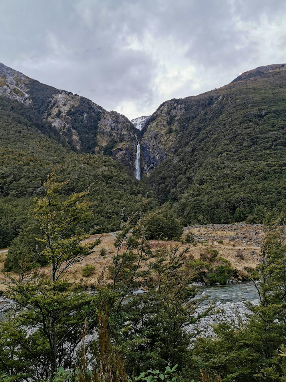 waterfall between cliffs facing trees