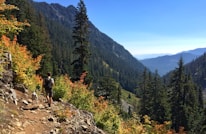A happy traveler walking with their dog along a secluded mountain trail.