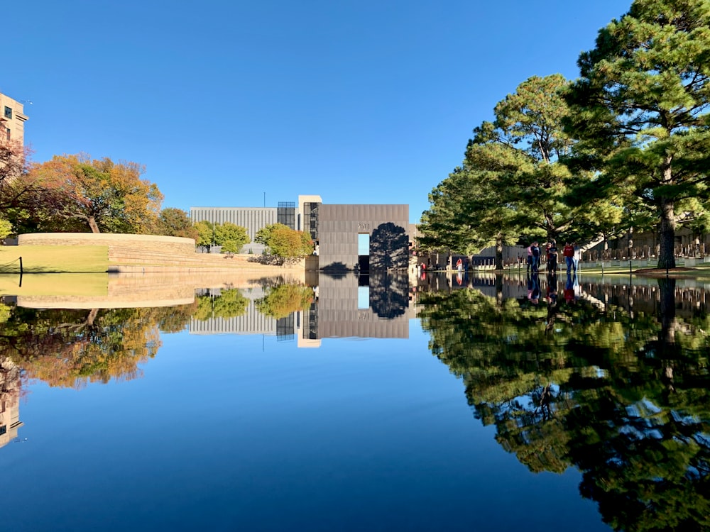 reflection of trees and building under blue sky