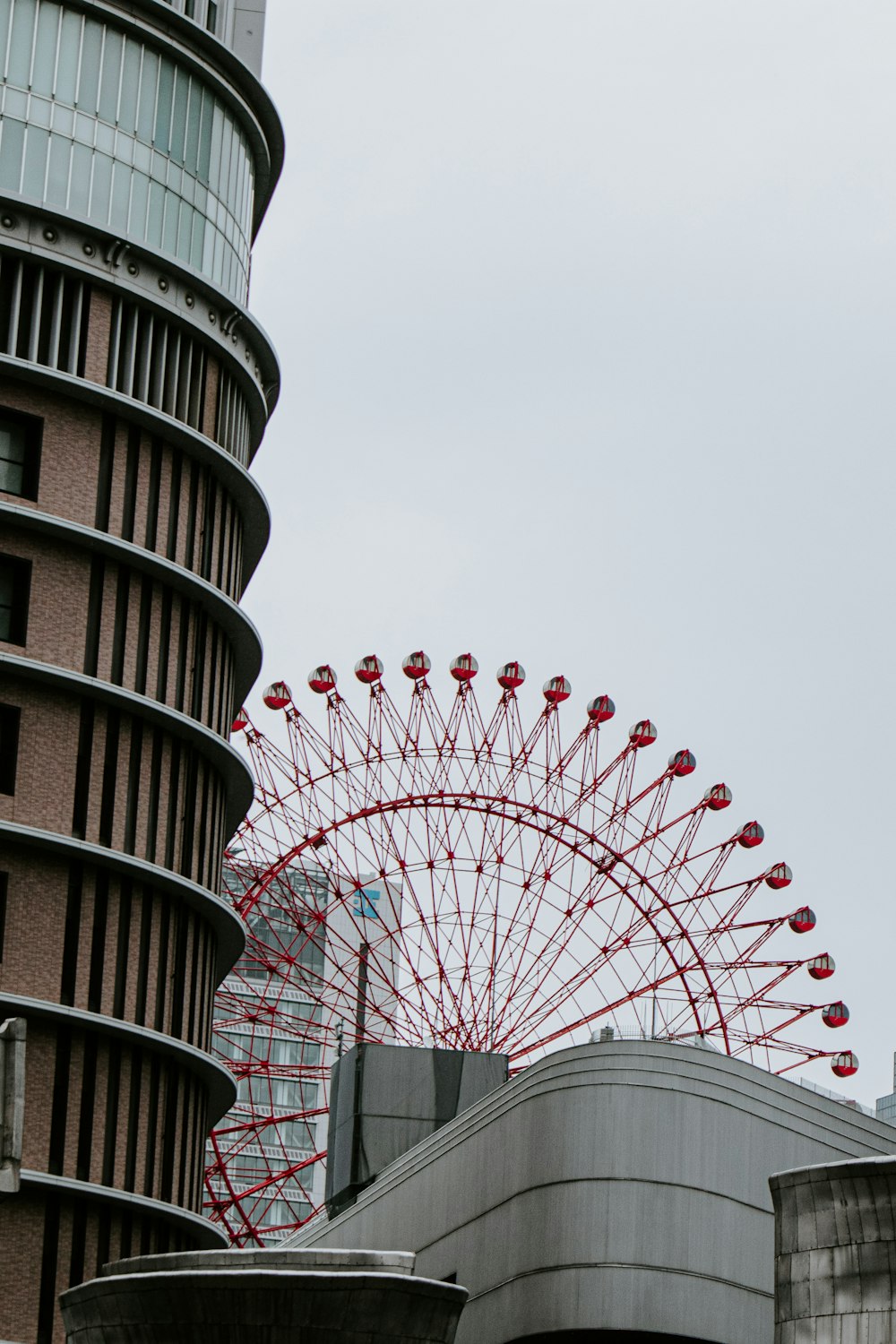 building and Ferris wheel under gray sky