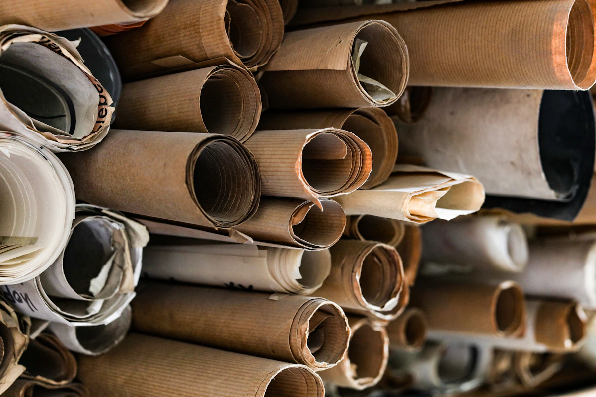 Stacks of rolled paper material on industrial shelving at a paper mill