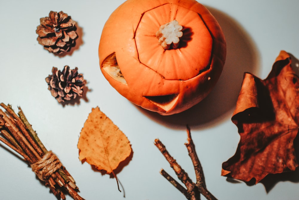 Jack-o-Lantern surrounded by dried leaves and pine cones