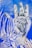 A stylized, graphic depiction of a hand with intricate line work. Surrounding the hand are abstract, organic shapes resembling leaves and a flower, all set against a textured blue background.