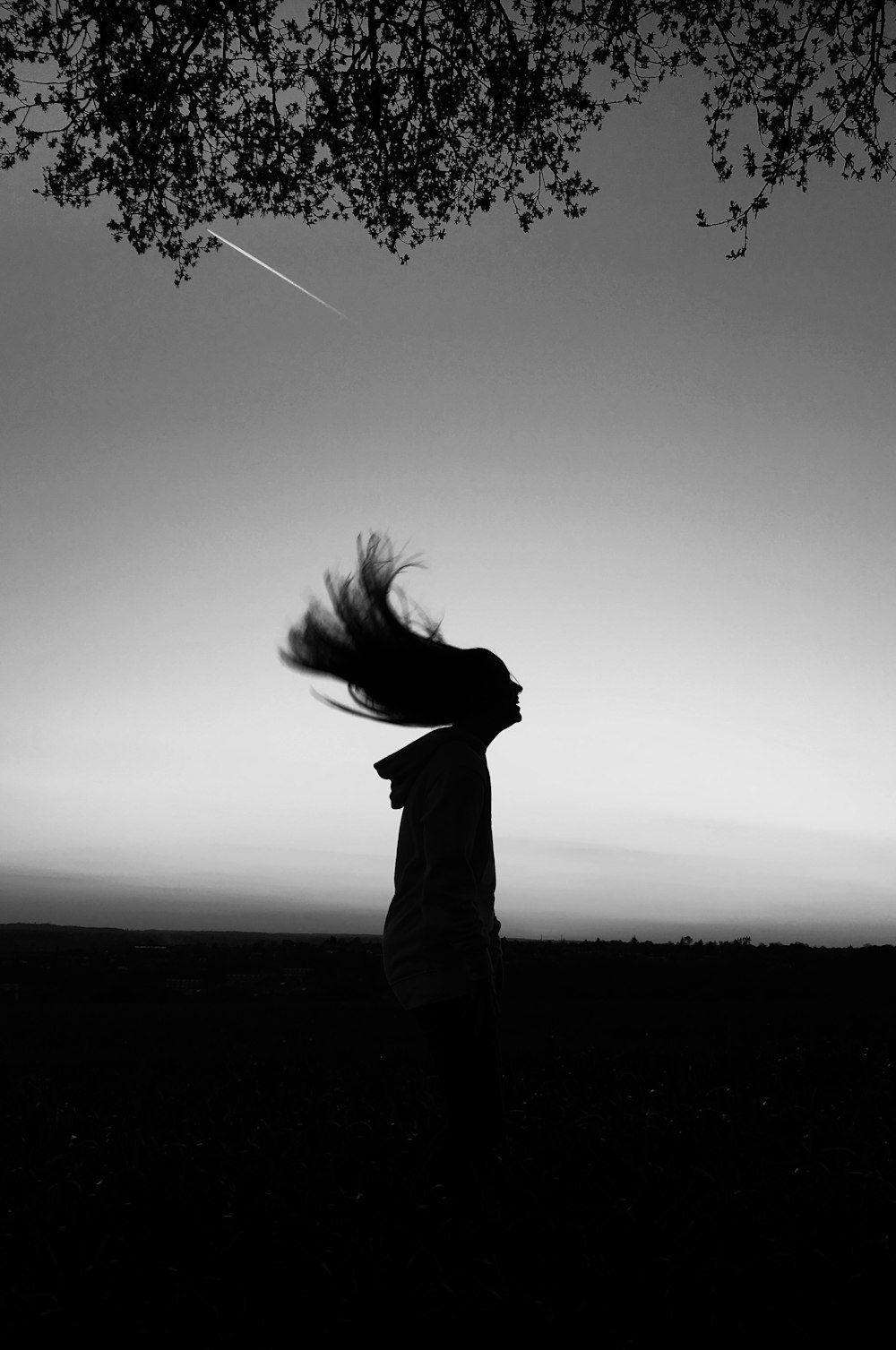 silhouette of woman waving hair