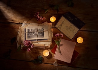 A cozy desk scene with handwritten letters, colorful postcards, and delicate art pieces inspired by French travels.