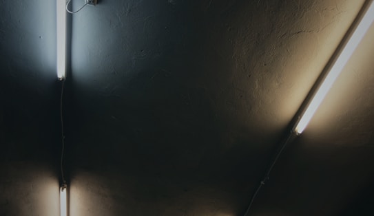 Two fluorescent light tubes are mounted on a dark, textured ceiling with visible electrical wiring.