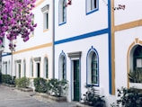 Colorful house with white walls and blue and yellow accents. The facade features arched windows and doors, surrounded by potted greenery. Vibrant purple flowers hang above, adding a lively touch.