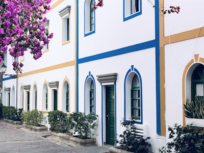 Colorful house with white walls and blue and yellow accents. The facade features arched windows and doors, surrounded by potted greenery. Vibrant purple flowers hang above, adding a lively touch.