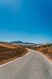 A winding road stretches through a picturesque landscape characterized by vast fields and distant hills under a clear blue sky. The golden hues of the dry grass contrast with patches of greenery and olive trees lined along the road. The horizon is defined by gentle hills in the distance.