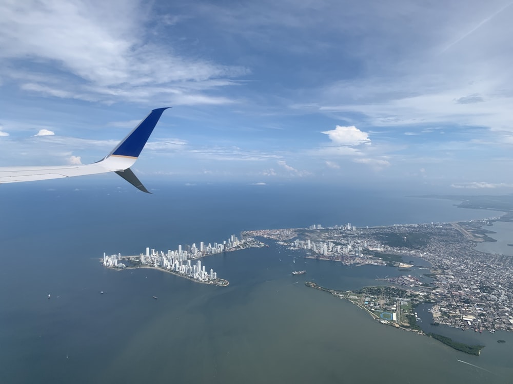 photo of white and blue airplane wing