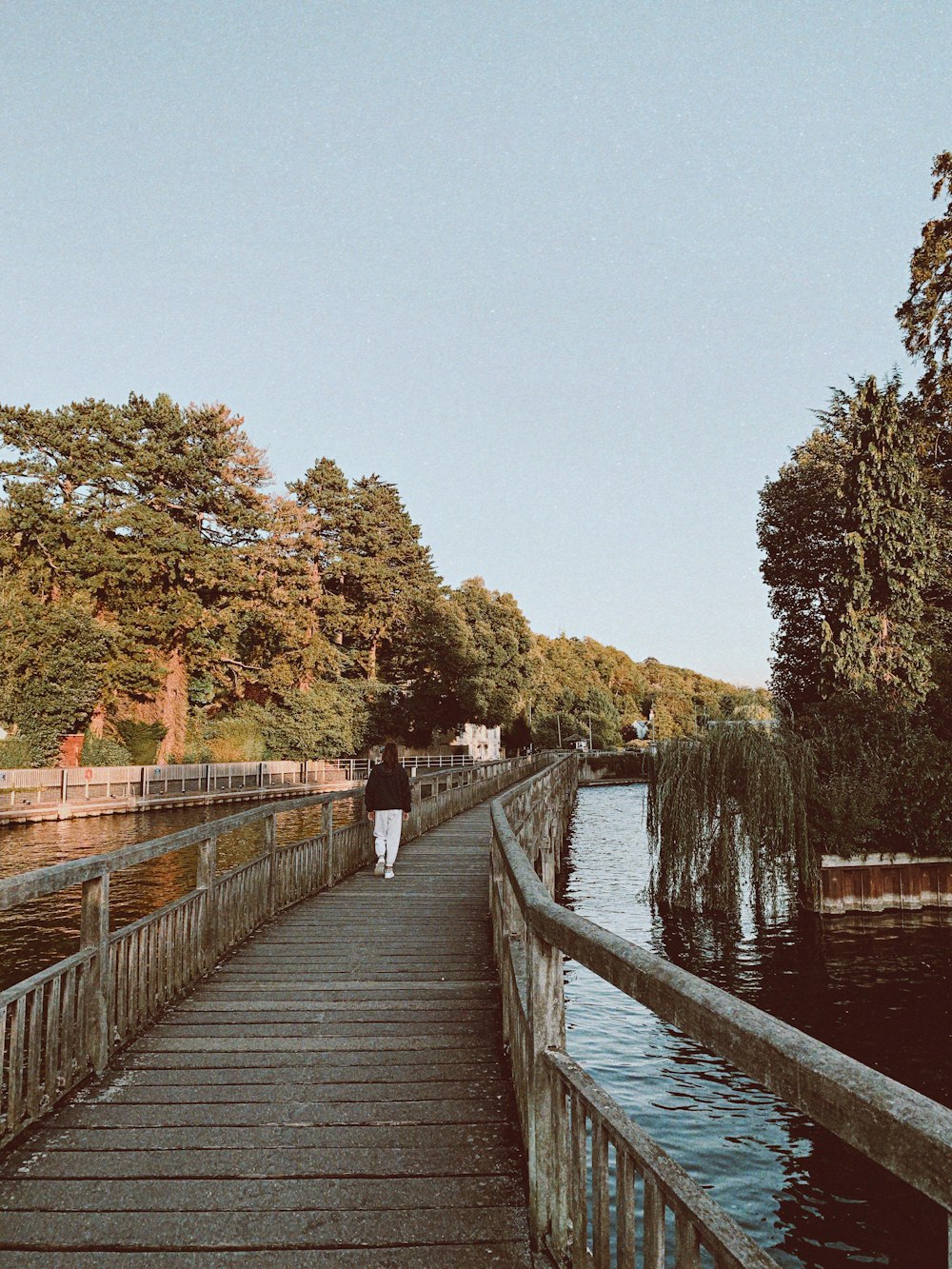 person in black top walking on wooden bridge