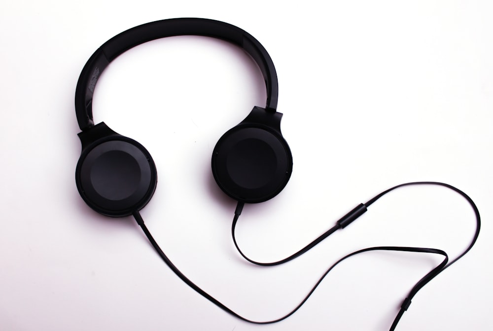 black corded headphones