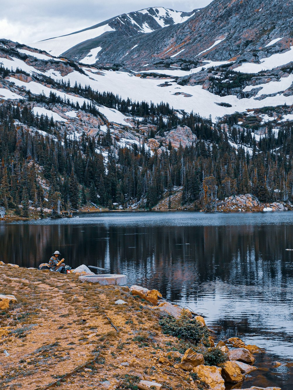 man on ground front of lake beside mountains