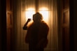 A silhouette of a person wearing a fur garment is seen standing against a bright, backlit window framed by partially open wooden doors. The warm light creates a dramatic contrast and emphasizes the texture of the fur.