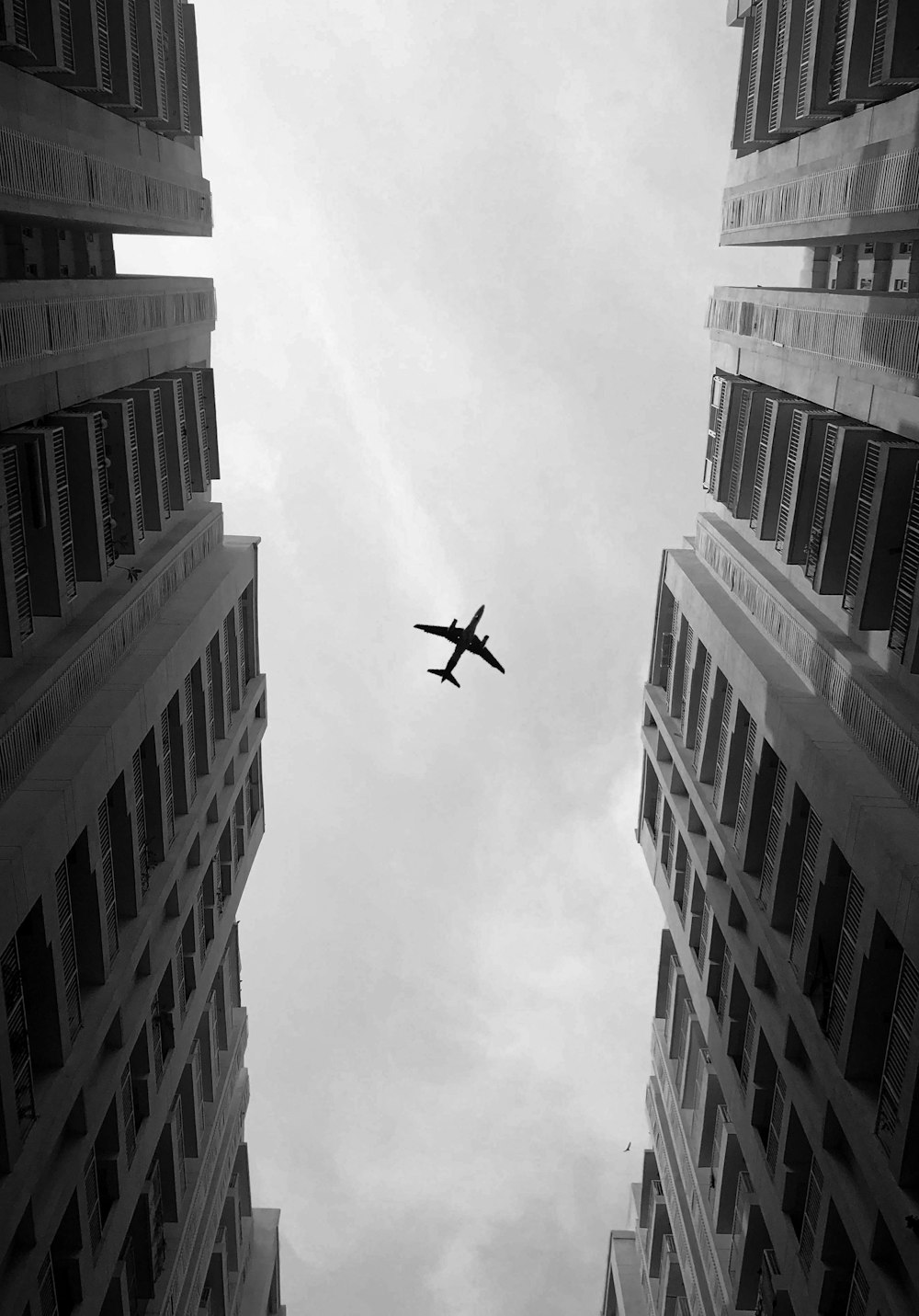 grayscale photo of airliner over high-rise building