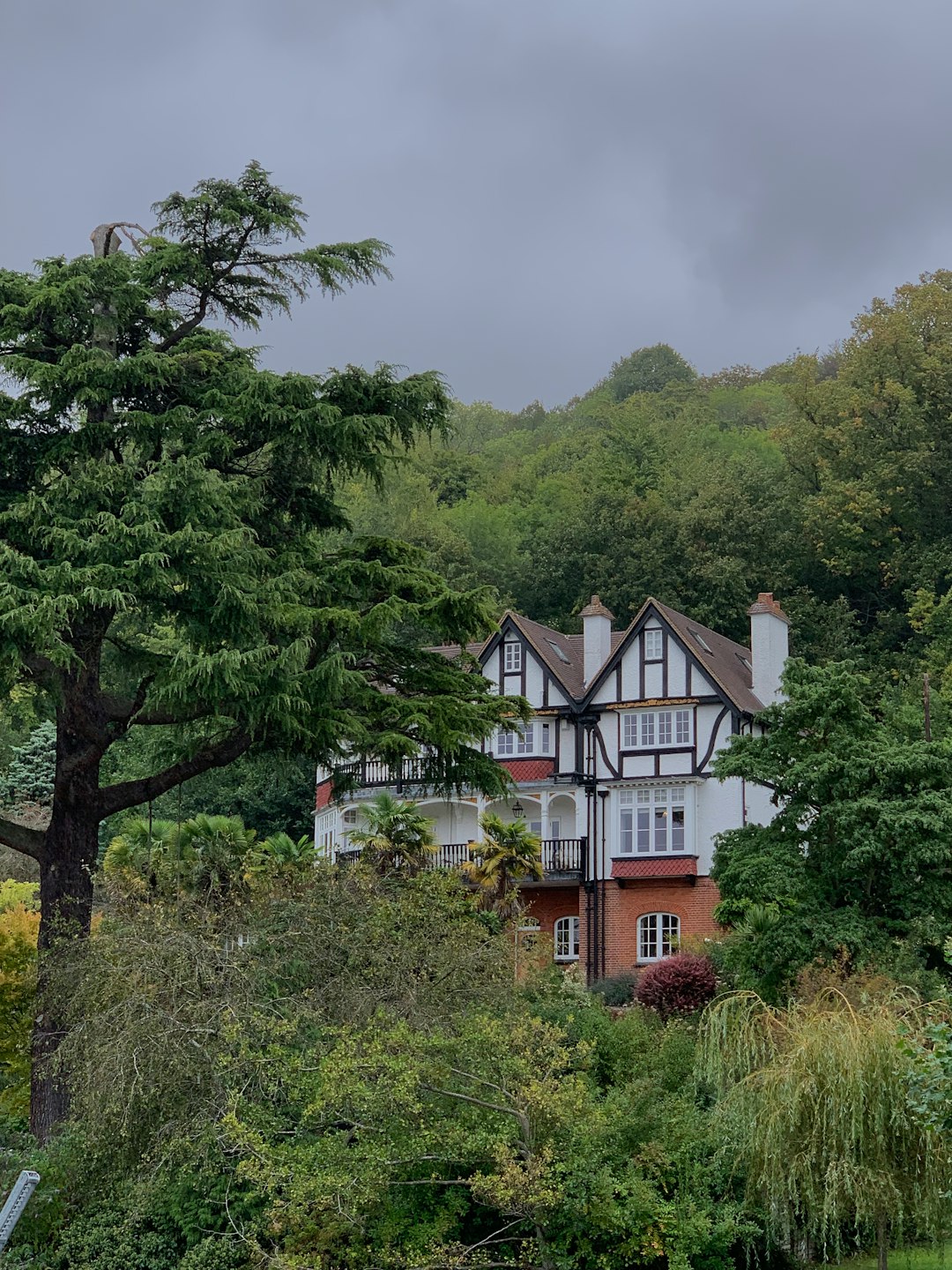 in distant photo of white and brown house surrounded by trees