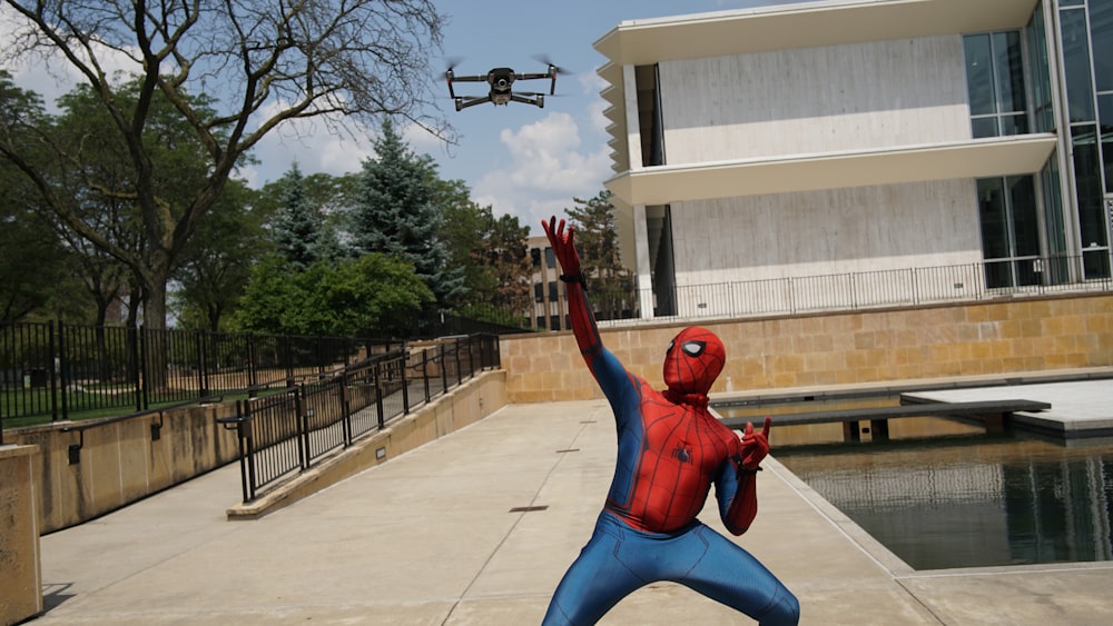 quadcopter over person wearing Spider-Man costume