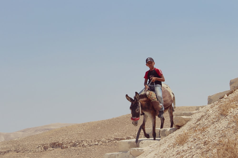 boy riding donkey through downstairs