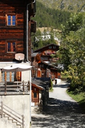 A mountain village scene featuring traditional wooden chalets nestled along a narrow pathway. The buildings are adorned with colorful flower boxes, and the area is enveloped by lush greenery and a backdrop of forested hills. The roofs and walls of the houses display rich wooden textures, and there are satellite dishes and outdoor seating on some terraces.