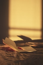 Open notebook and pen on wooden desk by window.