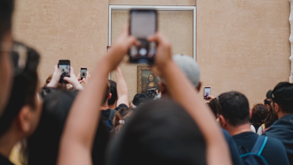 person taking photo of Mona Lisa painting