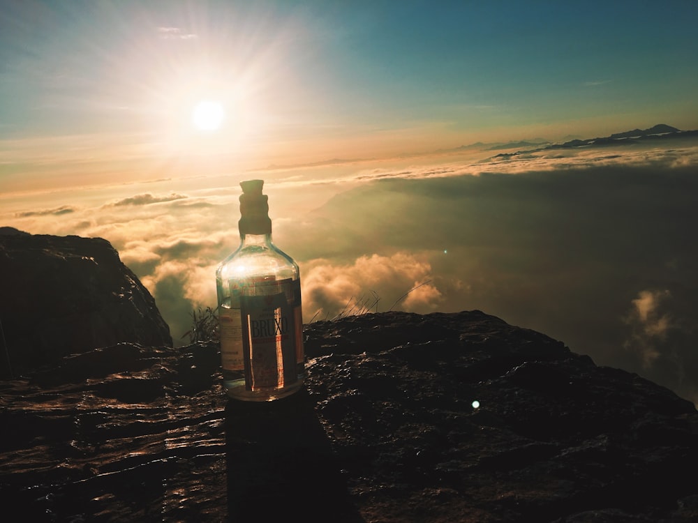 Botella de vidrio con etiqueta marrón en la montaña durante el día