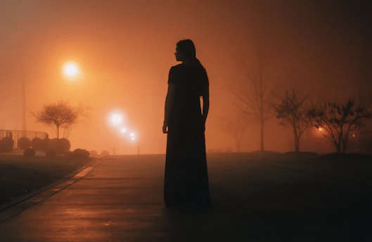 A shadowy figure standing in a foggy forest at night, illuminated by a faint eerie light.
