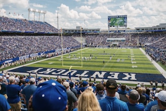 A sports fan cheering while watching a game on a large screen.