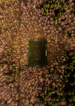 Aerial view of a rectangular soccer field surrounded by dense forests, with leafless brown trees on the left and green conifers on the right.
