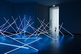 An artistic installation featuring intersecting neon light tubes placed at various angles, creating a geometric and abstract design. The scene is set in a dimly lit room with a cool blue hue. In the background, an open door reveals a small potted cactus in an adjacent brightly lit space.