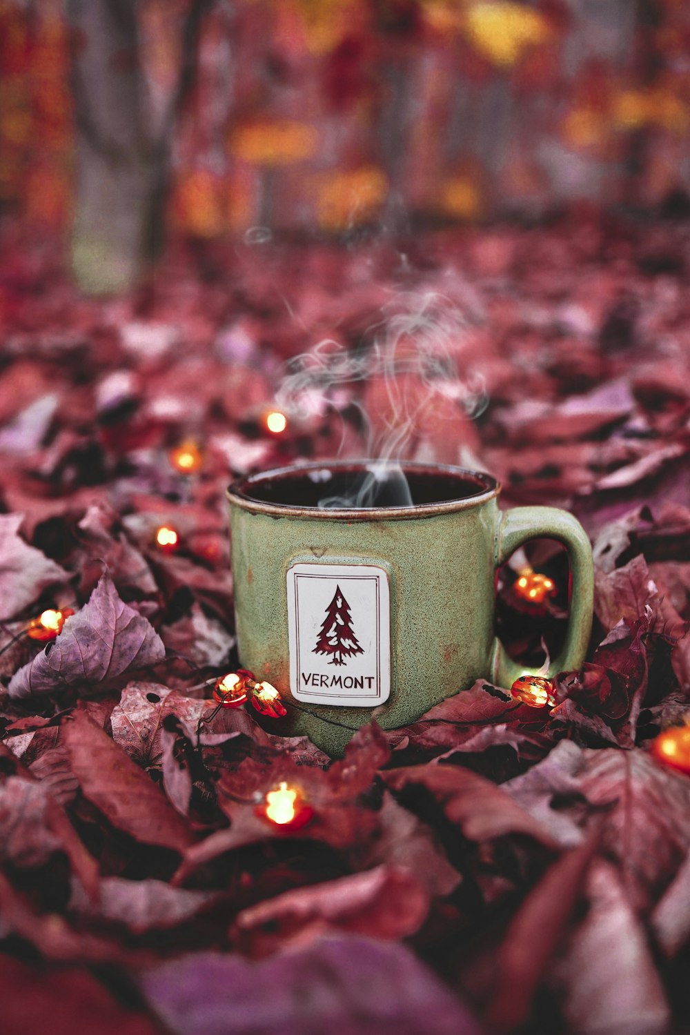 gray and white mug with coffee on dried leaves in macro photography