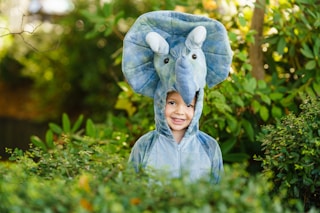 toddler on blue elephant costume