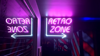 Neon signs with the words 'Retro Zone' are illuminated with vibrant pink and purple lights. The sign is reflected in a nearby surface, creating a mirrored effect. The background is dark, emphasizing the glow of the neon.