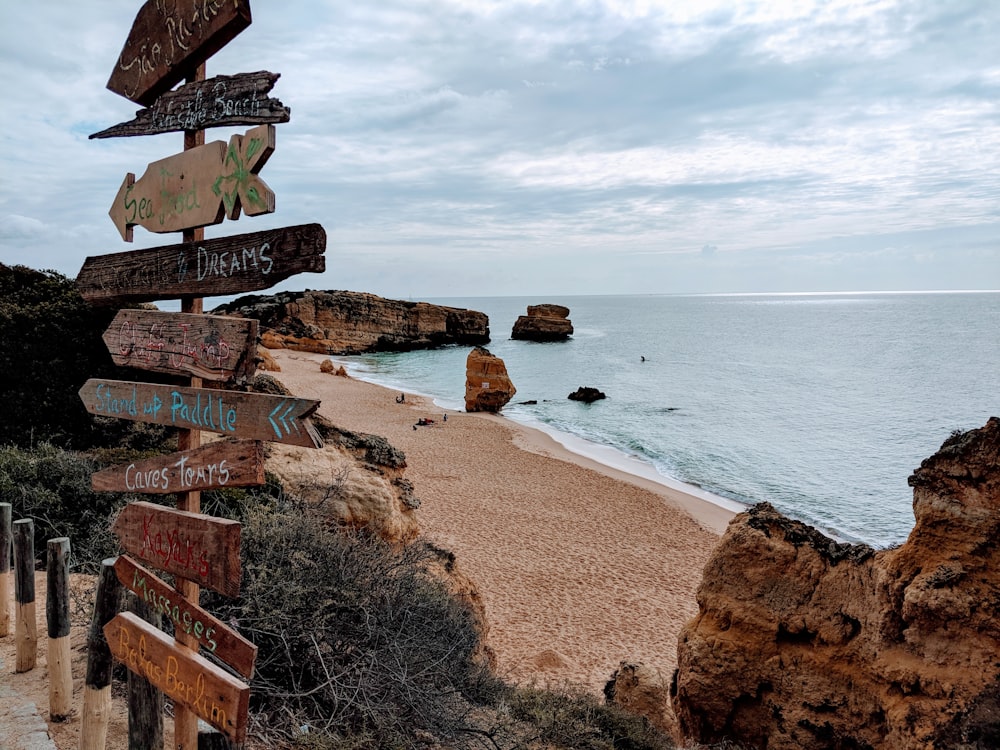 Señal de dirección de madera marrón en la orilla del mar durante el día