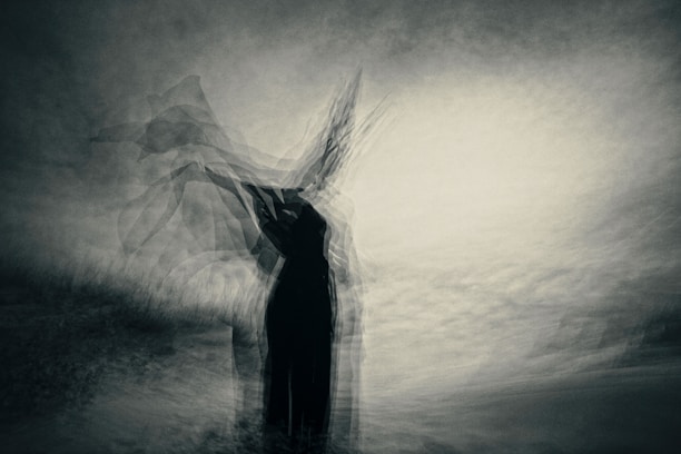 A shadowy figure in motion under violet and turquoise lights, surrounded by swirling sound waves.