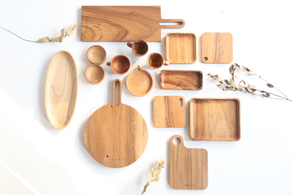 top view of assorted shape and sized wooden kitchen utensils