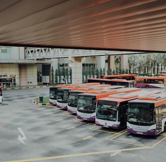 orange and white bus lot