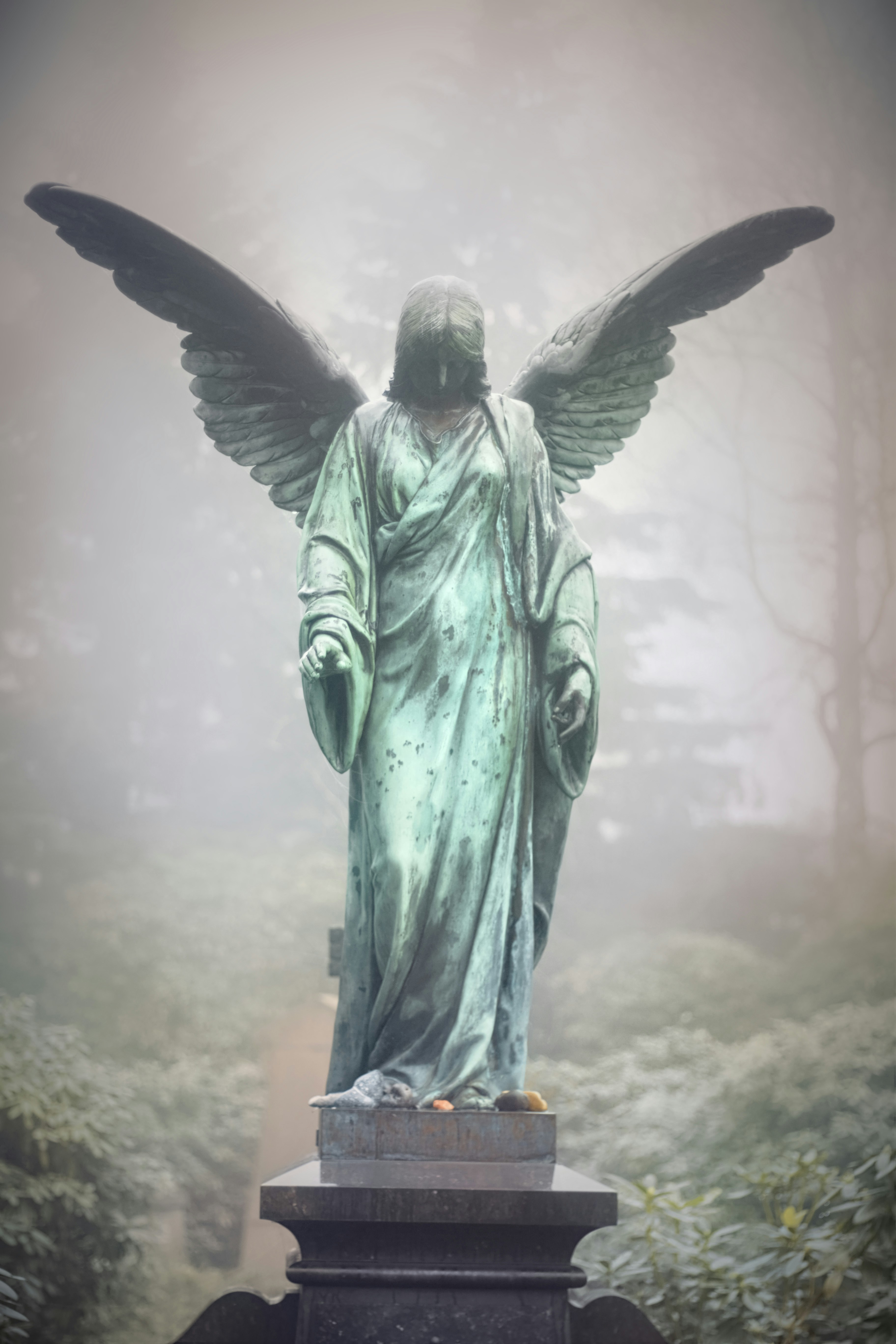 angel, woman, beautiful, nice, lovely, Pretty, breasts, Cemetery, graveyard, mist, fog, gray, grey, Hamburg, Ohlsdorf, green, Body, wings, autumn, Cold, garten, trees, head, dress, gown, death, tomb, grave, Stone