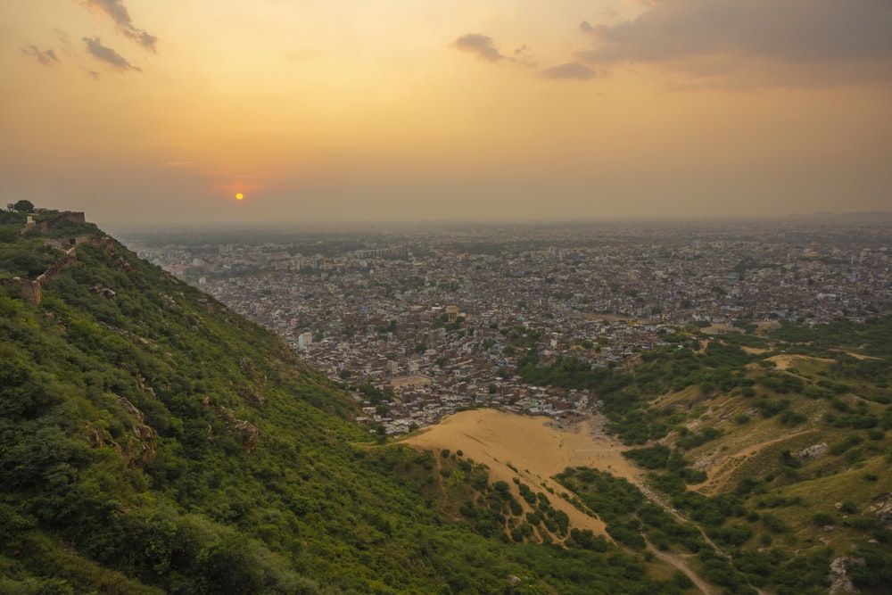 aerial photography of a city skyline during golden hour