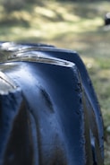 A close-up view of a large, black rubber tractor tire with thick treads. The surface reflects light, indicating it might be wet or polished, with the background showing blurred greenery.